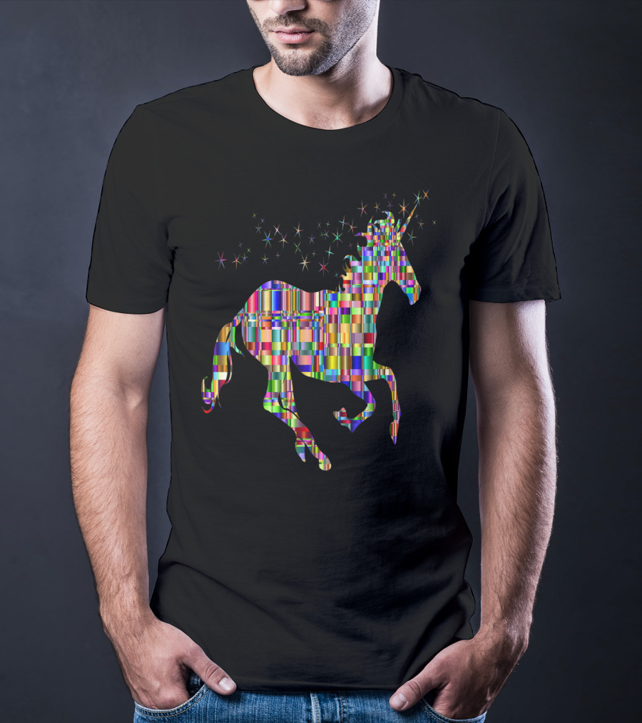 Riding Unicorn Rawr Sparkling Rainbow Stripes T-Shirt