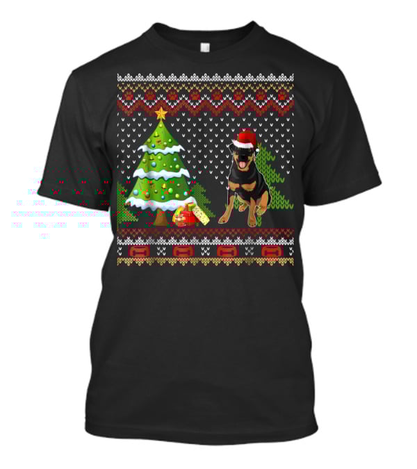 Rottweiler Santa Christmas Ugly Dog Sweater Tree And Gifts T-Shirt