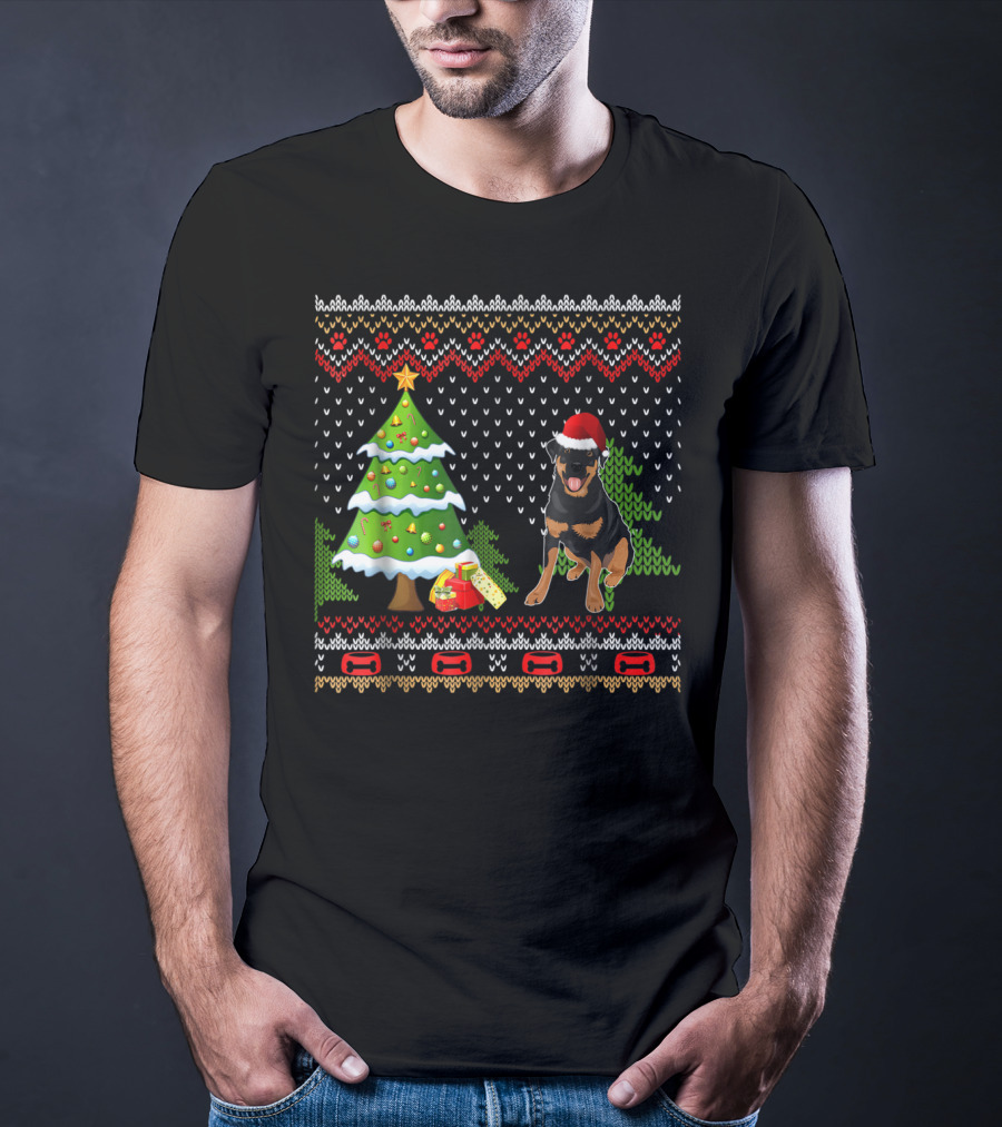 Rottweiler Santa Christmas Ugly Dog Sweater Tree And Gifts T-Shirt