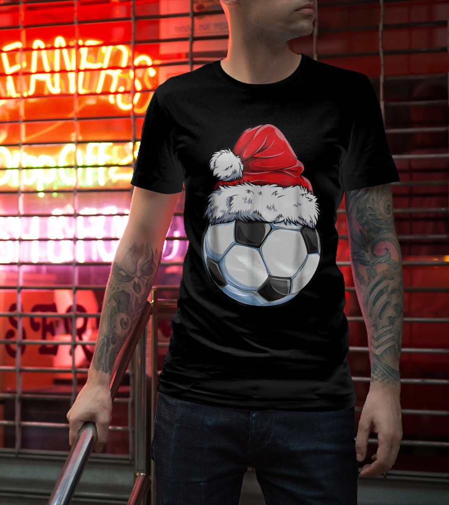 Santa Hat On Soccer Ball Christmas Xmas T-Shirt