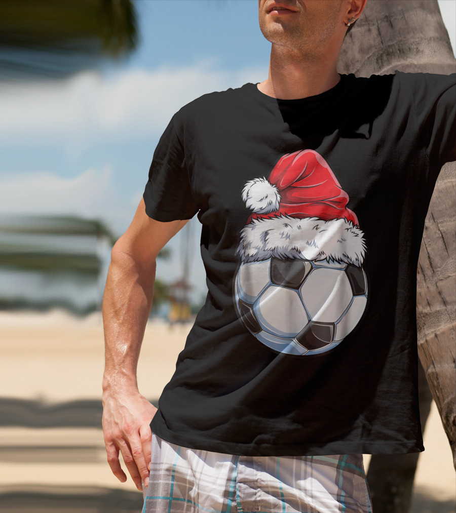 Santa Hat On Soccer Ball Christmas Xmas T-Shirt