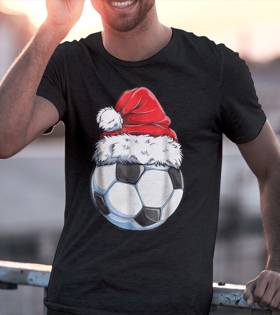 Santa Hat On Soccer Ball Christmas Xmas T-Shirt