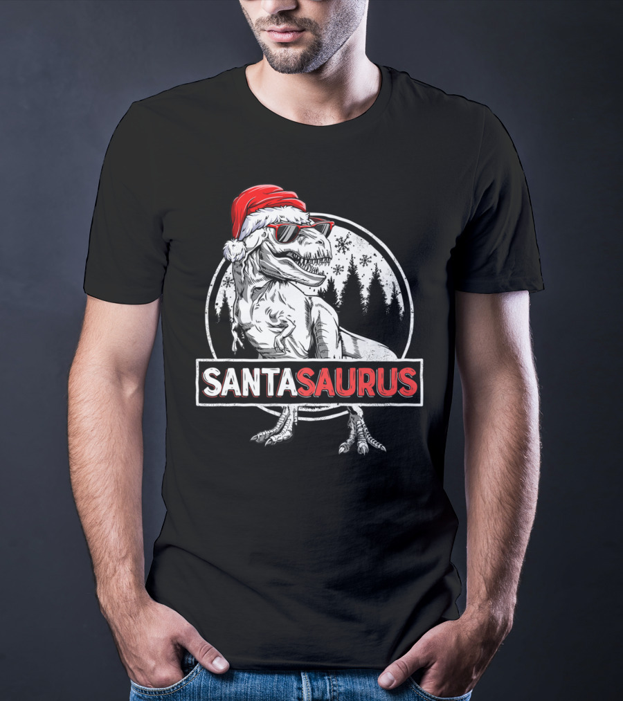 Santasaurus Dinosaur Rex Christmas T-Rex Wearing Santa Hat And Sunglasses T-Shirt