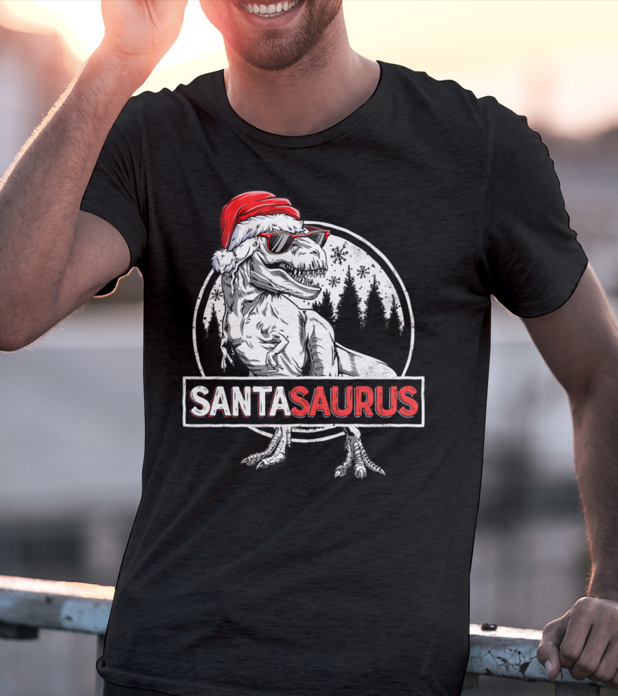 Santasaurus Dinosaur Rex Christmas T-Rex Wearing Santa Hat And Sunglasses T-Shirt