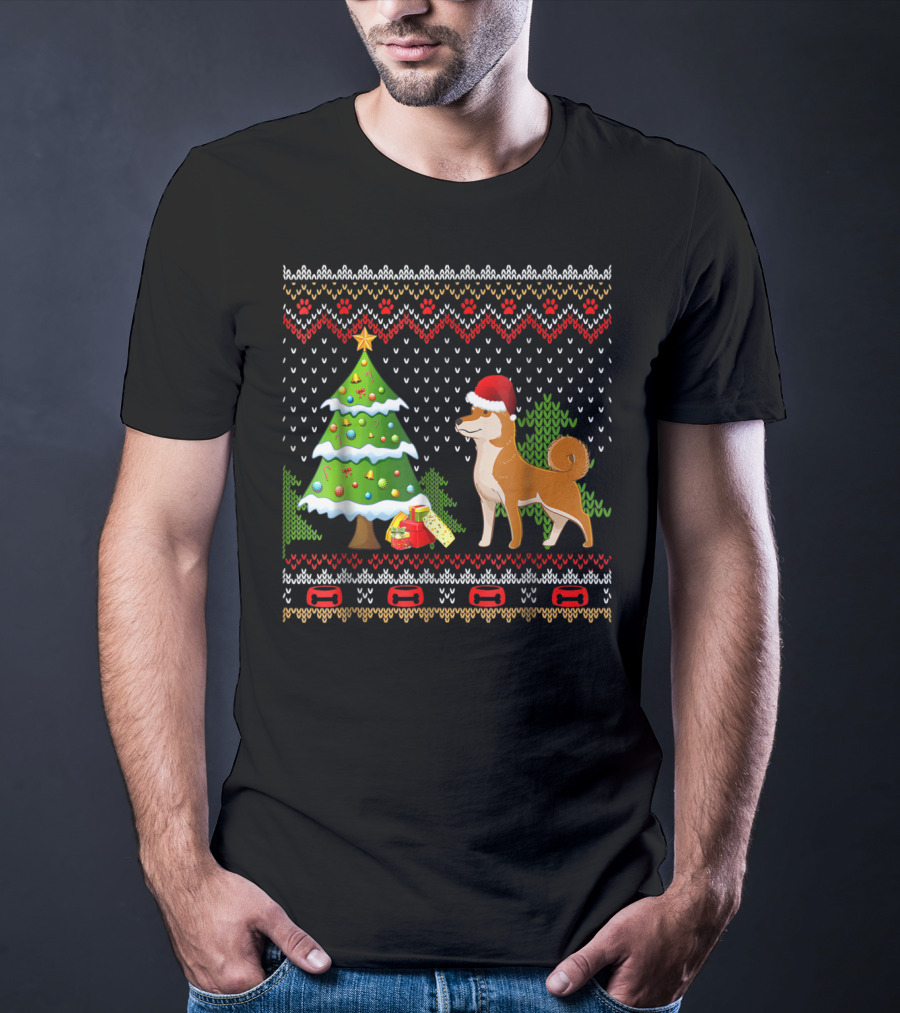 Shiba Inu Santa Christmas Tree Presents UglyDog T-Shirt
