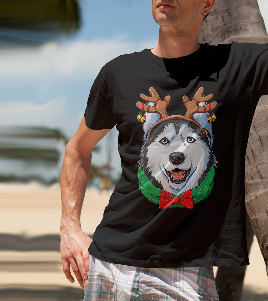 Siberian Husky With Christmas Reindeer Antlers And Festive Bow T-Shirt