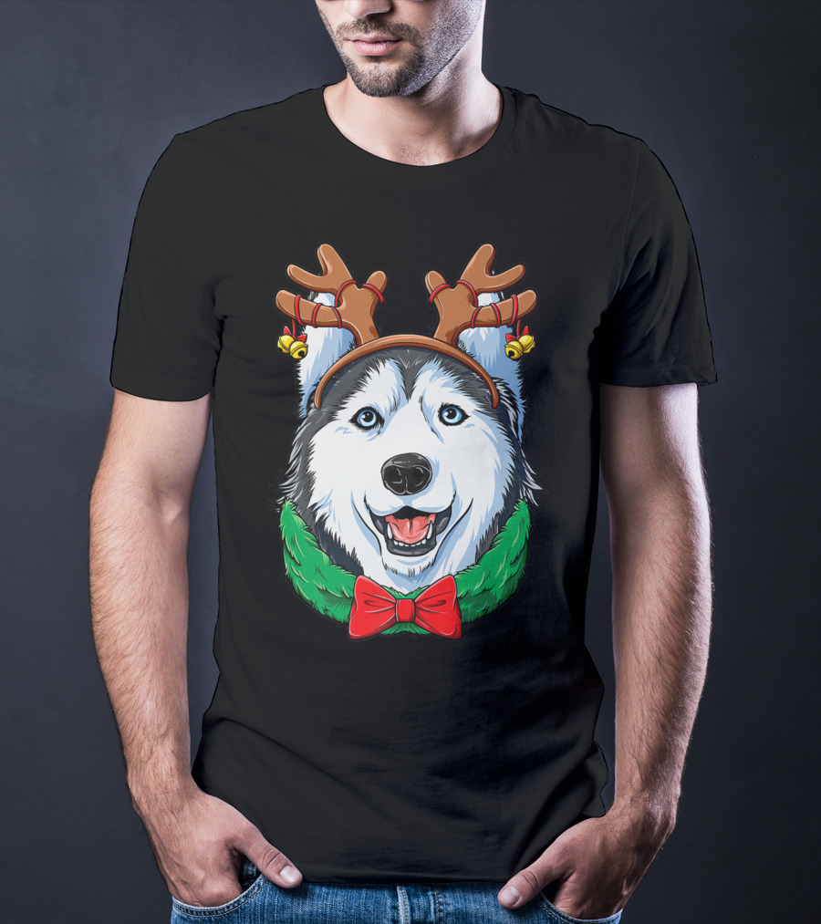 Siberian Husky With Christmas Reindeer Antlers And Festive Bow T-Shirt