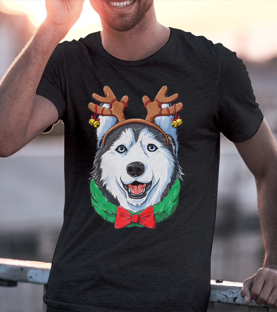 Siberian Husky With Christmas Reindeer Antlers And Festive Bow T-Shirt