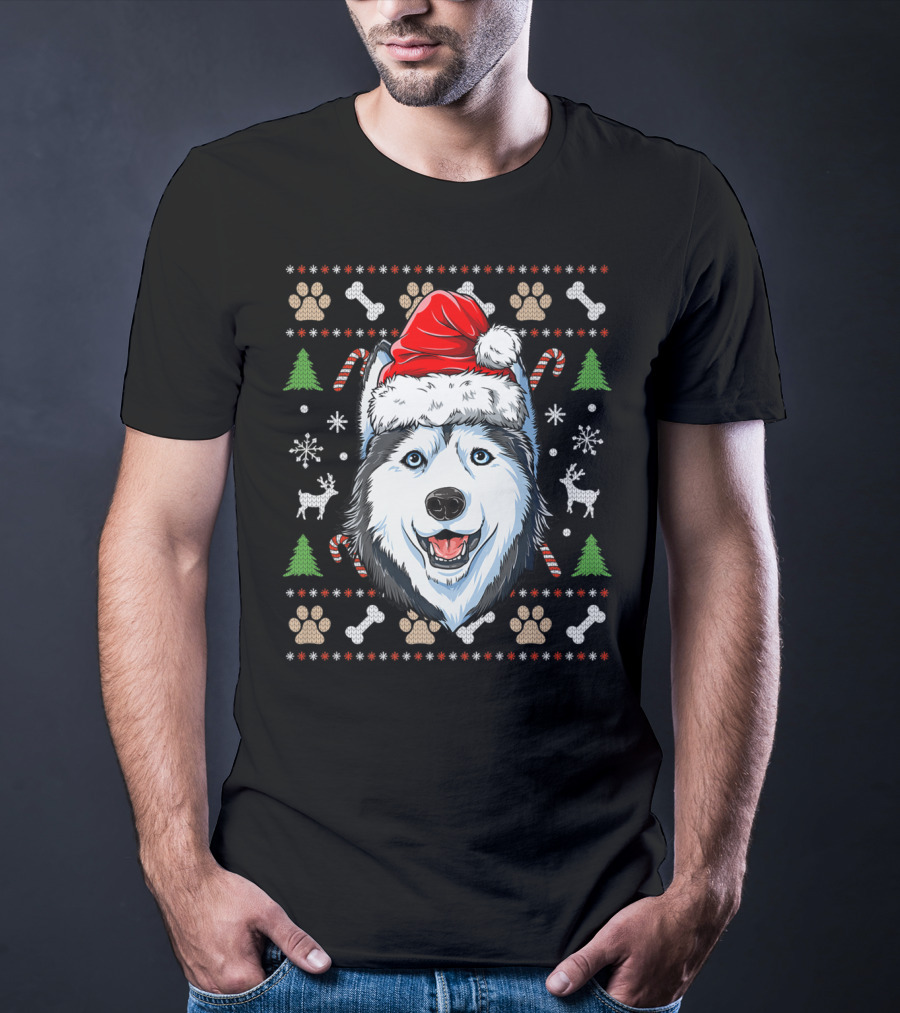 Siberian Husky Santa Hat Snowflakes Candy Canes Christmas Paw Prints T-Shirt