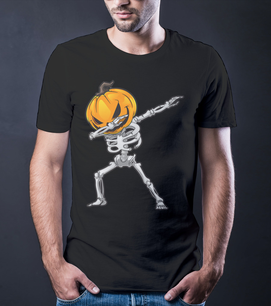 Skeleton Dabbing Halloween Scary Pumpkin Head Dance T-Shirt