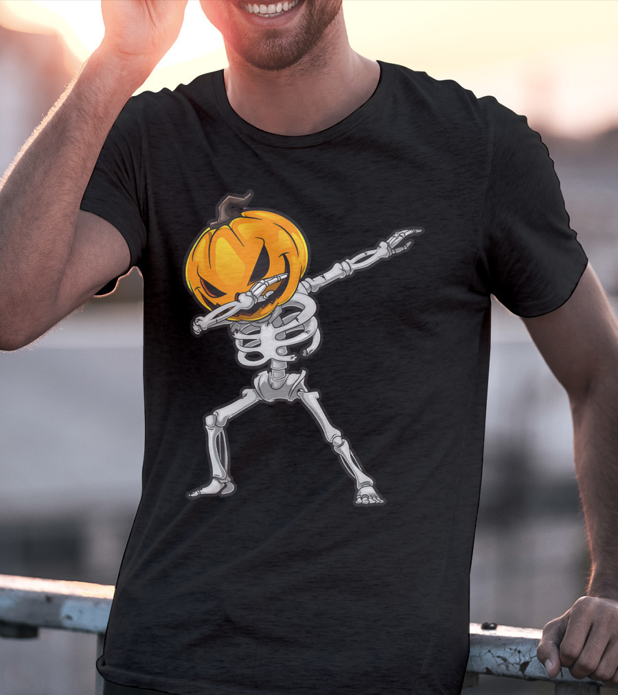 Skeleton Dabbing Halloween Scary Pumpkin Head Dance T-Shirt