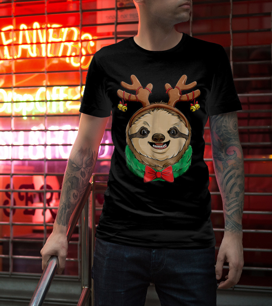 Sloth Christmas Reindeer Antlers Slothmas Xmas Festive Bow And Bells T-Shirt