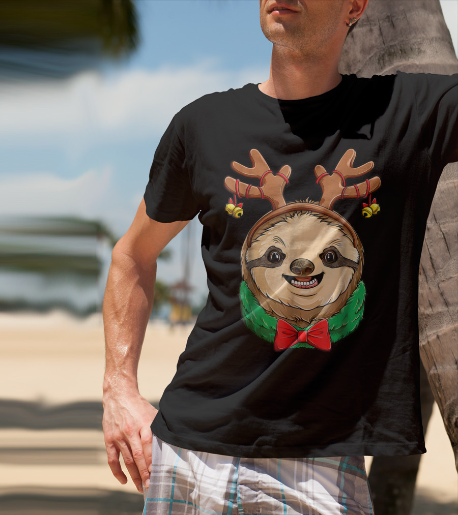 Sloth Christmas Reindeer Antlers Slothmas Xmas Festive Bow And Bells T-Shirt