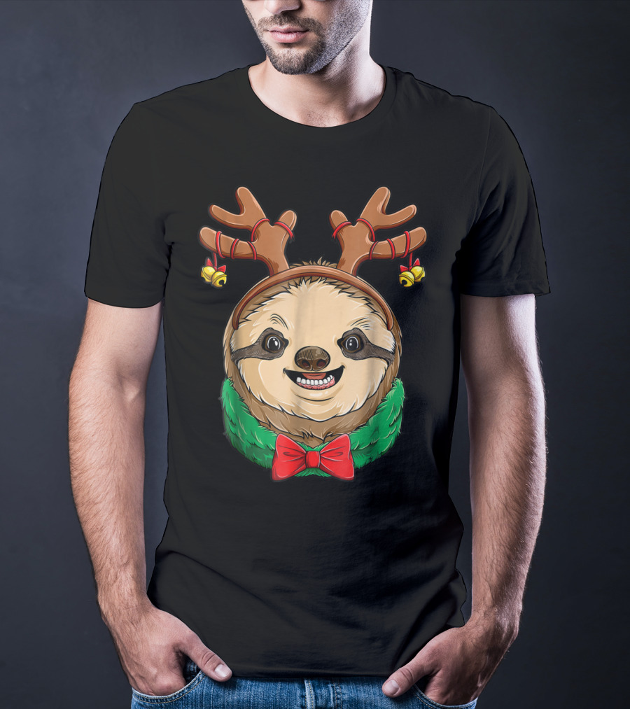 Sloth Christmas Reindeer Antlers Slothmas Xmas Festive Bow And Bells T-Shirt