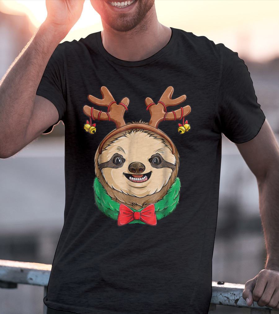 Sloth Christmas Reindeer Antlers Slothmas Xmas Festive Bow And Bells T-Shirt