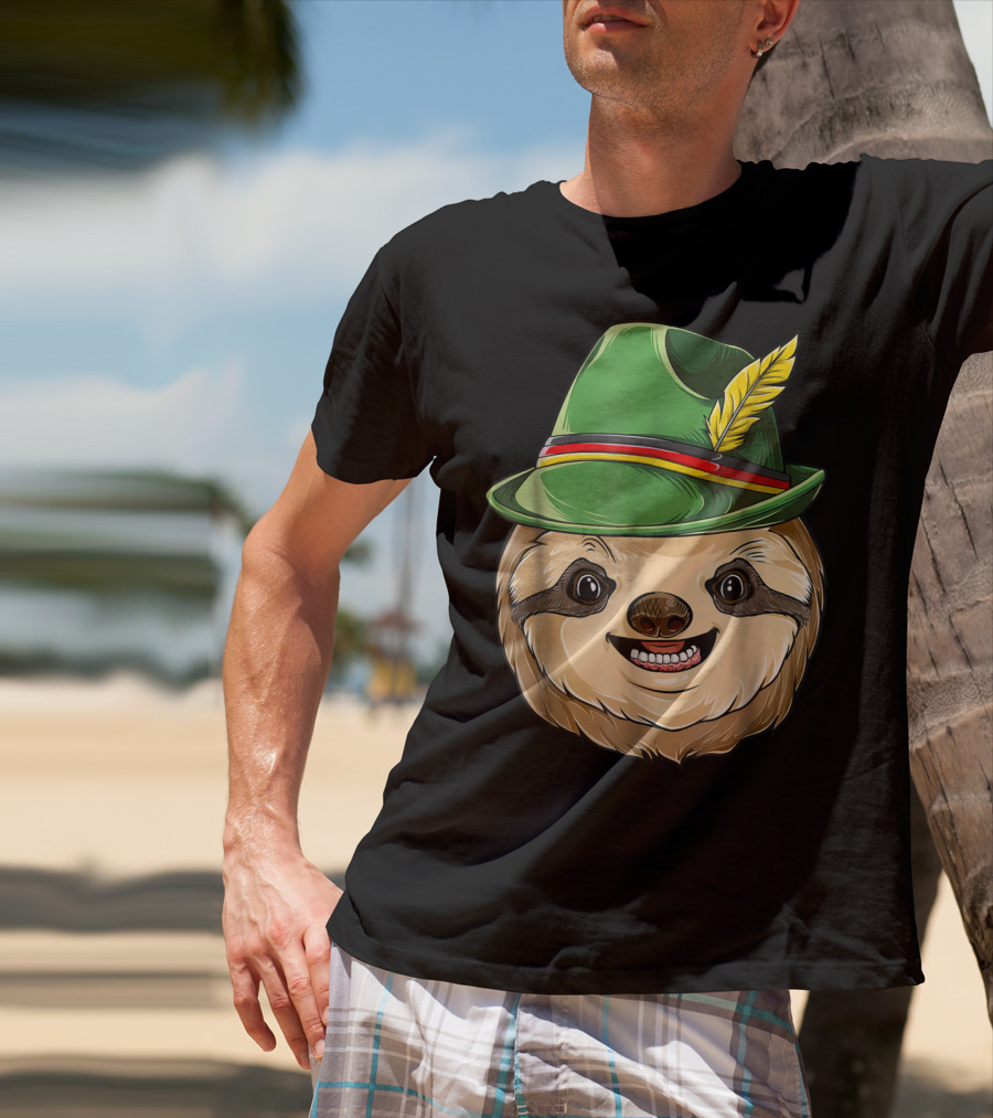 Sloth Oktoberfest Lederhosen Hat With Feather T-Shirt