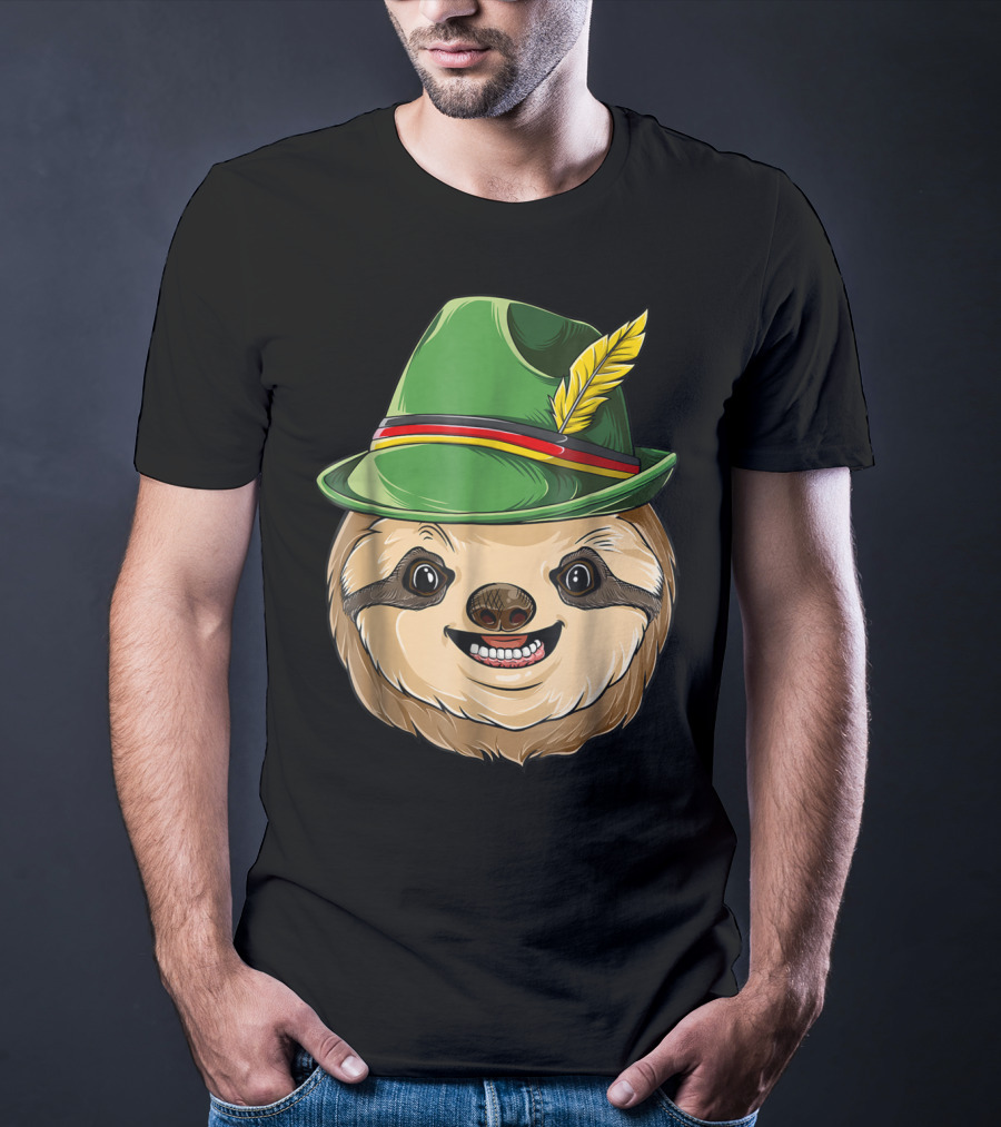 Sloth Oktoberfest Lederhosen Hat With Feather T-Shirt