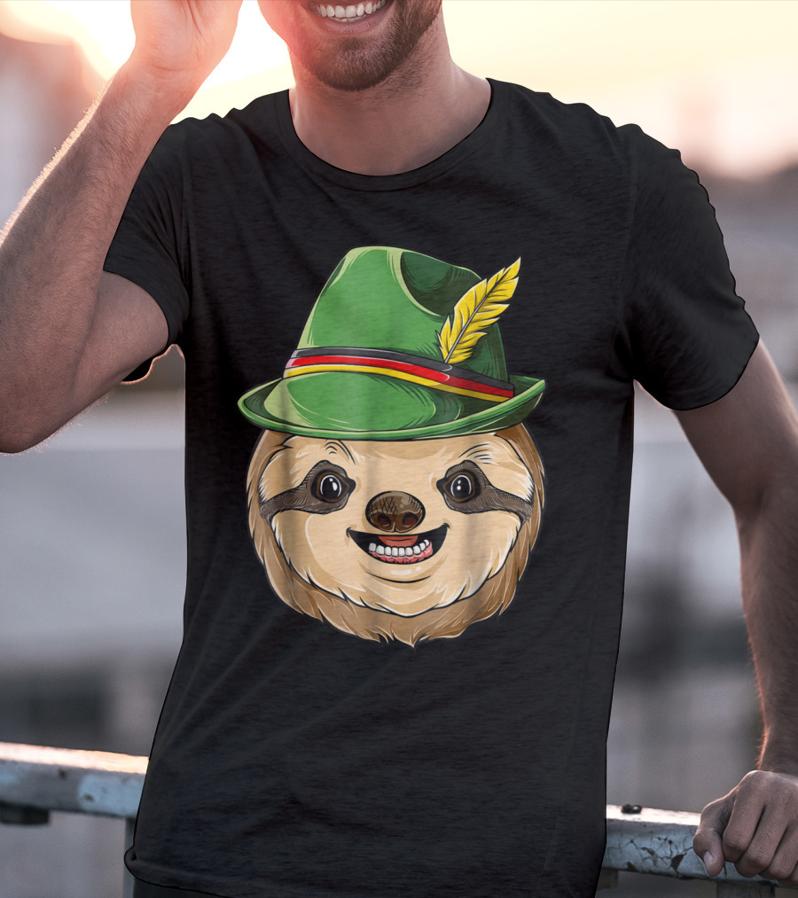 Sloth Oktoberfest Lederhosen Hat With Feather T-Shirt