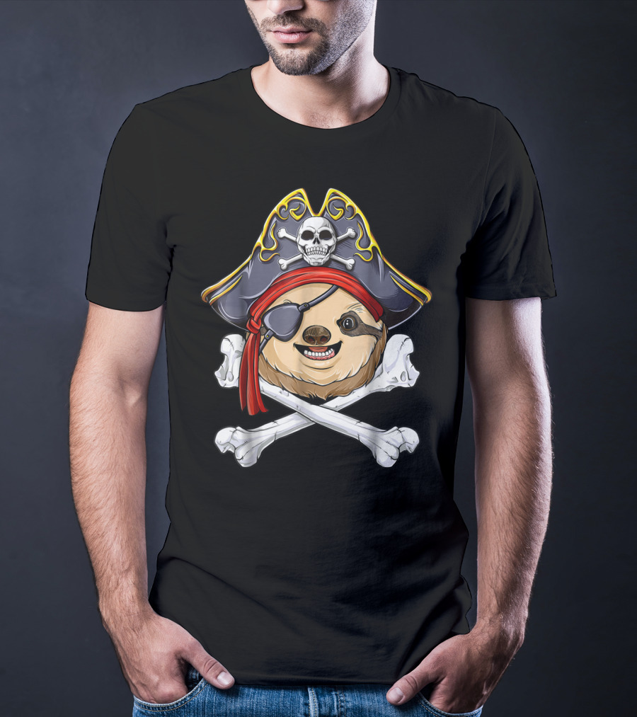 Pirate Sloth With Jolly Roger Skull And Crossbones T-Shirt