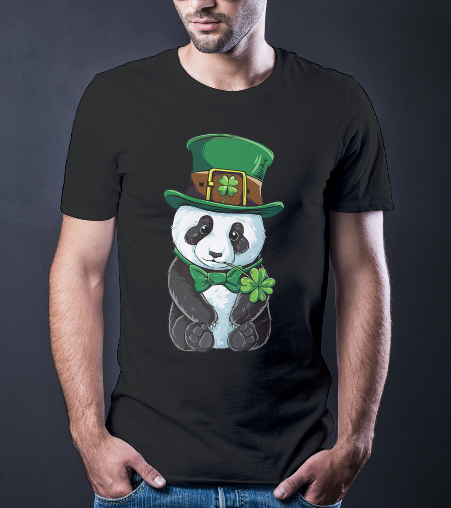 St Patricks Day Leprechaun Panda With Clover Cute Irish T-Shirt