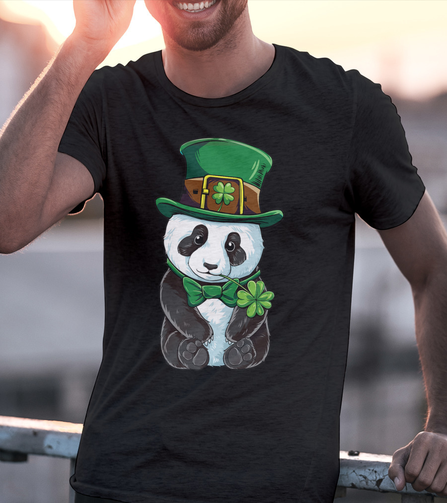 St Patricks Day Leprechaun Panda With Clover Cute Irish T-Shirt