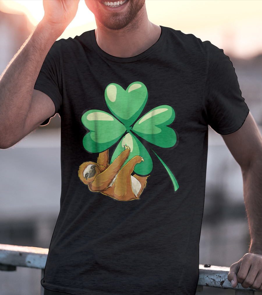 St Patricks Day Sloth Hugging Shamrock T-Shirt