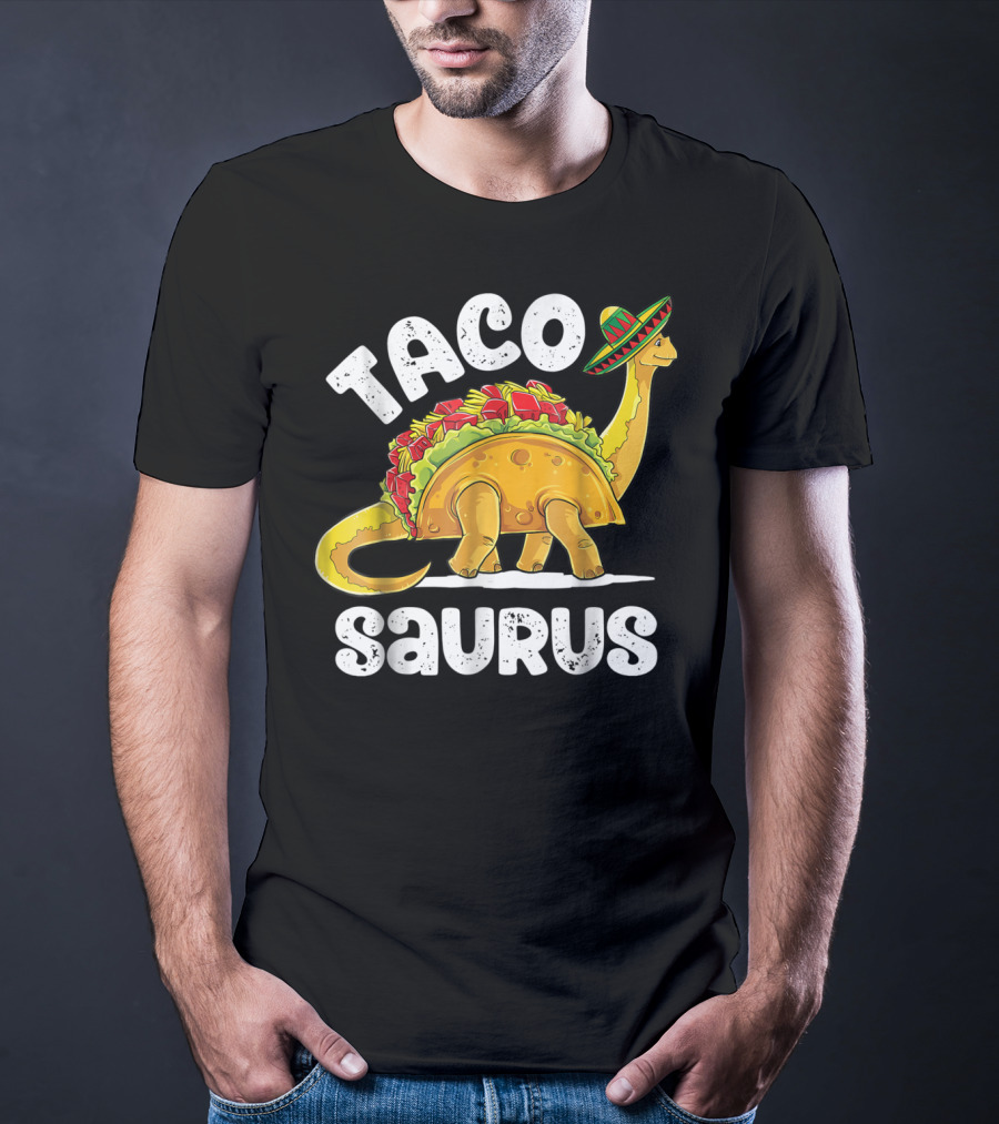 Tacosaurus Dinosaur Wearing Sombrero With Taco Shell Saddle T-Shirt