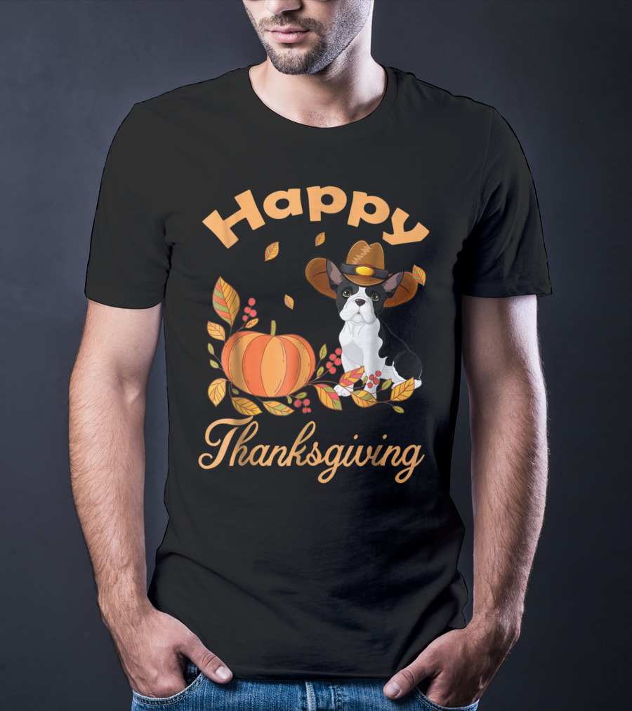 Happy Thanksgiving French Bulldogs Pilgrim Pumpkin Leaves T-Shirt