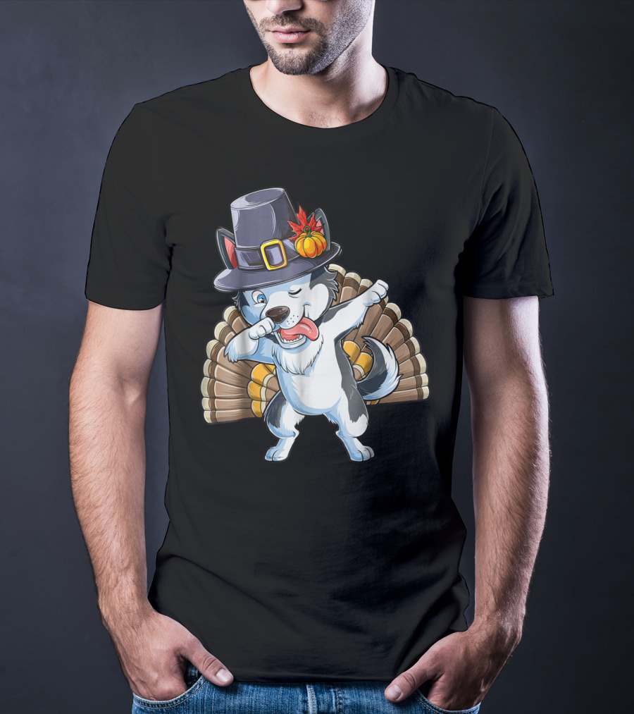 Thanksgiving Dabbing Siberian Husky In Pilgrim Hat With Turkey Feathers T-Shirt