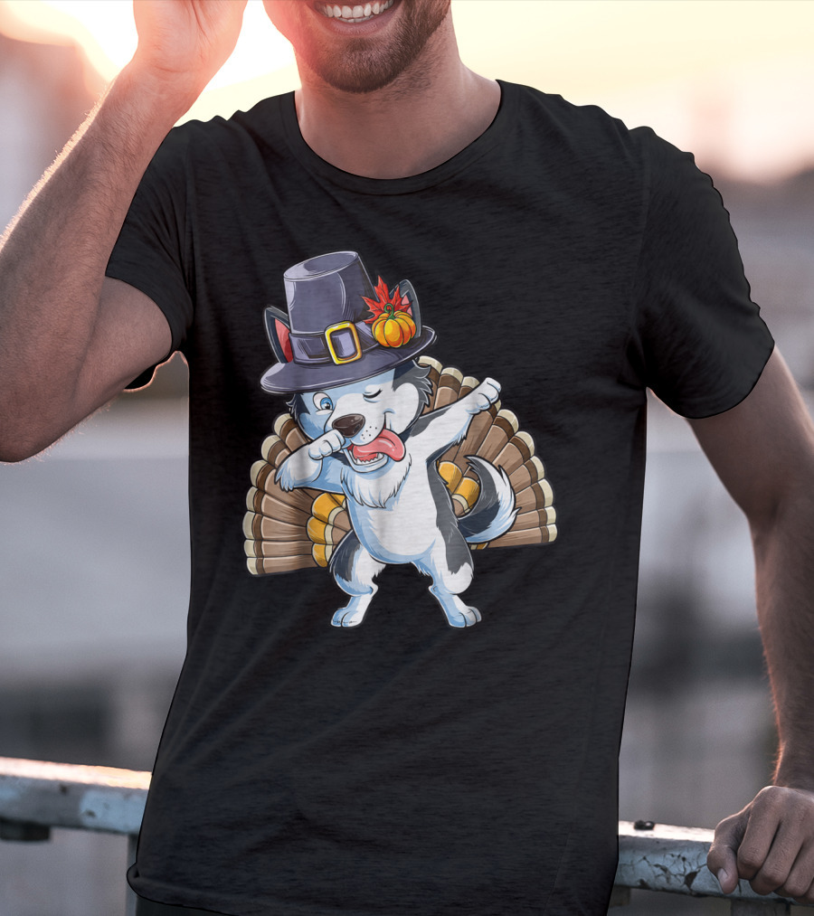 Thanksgiving Dabbing Siberian Husky In Pilgrim Hat With Turkey Feathers T-Shirt