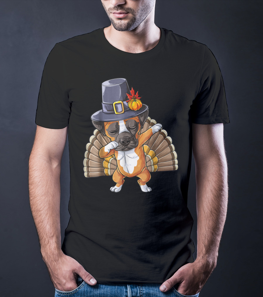 Thanksgiving Dabbing Boxer Turkey Dog In Pilgrim Hat T-Shirt