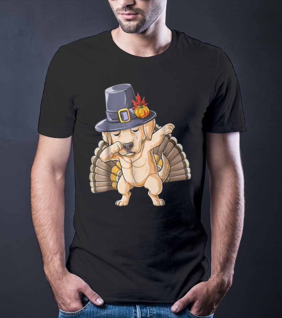 Thanksgiving Labrador Dabbing In Pilgrim Hat With Turkey Feathers T-Shirt
