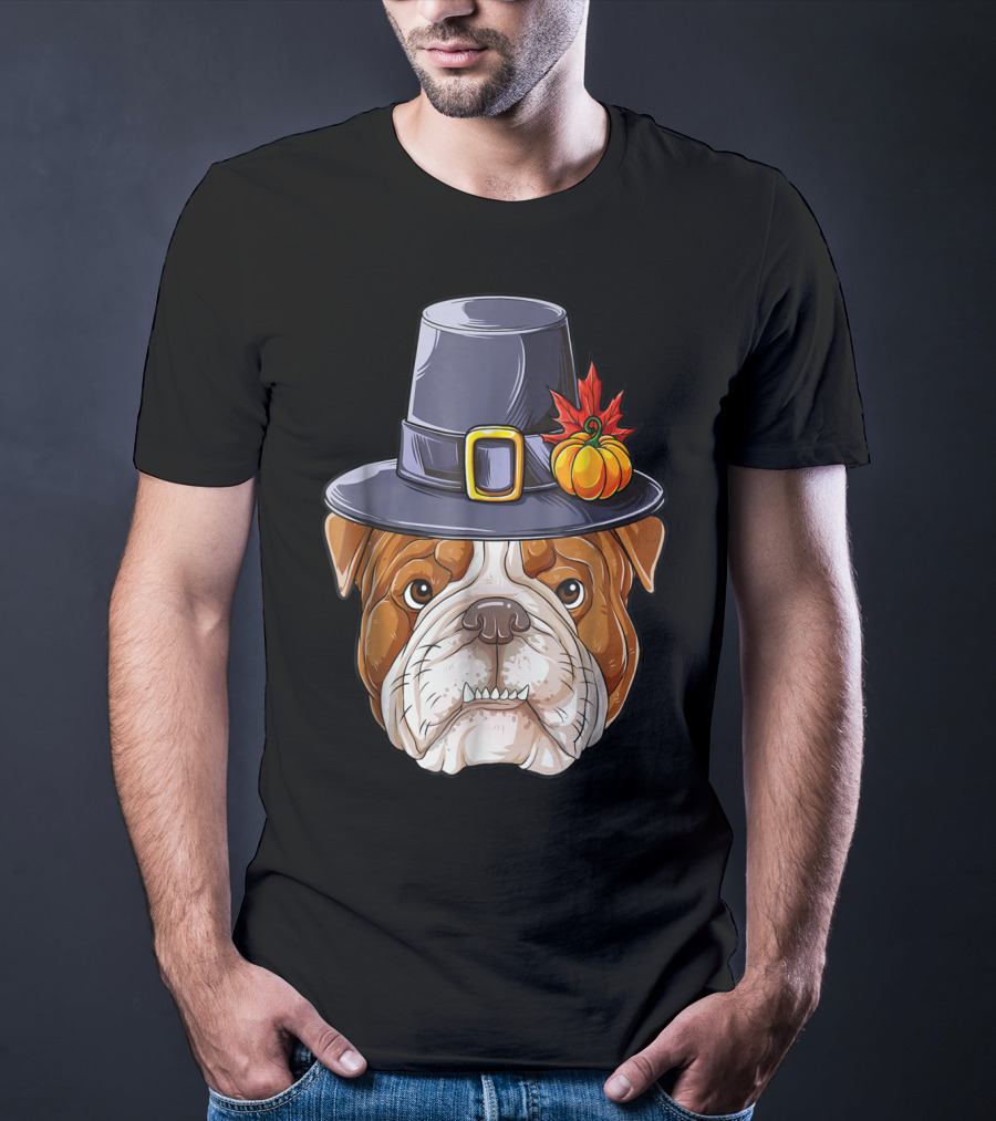 Thanksgiving Kids English Bulldog Pilgrim Hat Pumpkin Maple Leaf T-Shirt