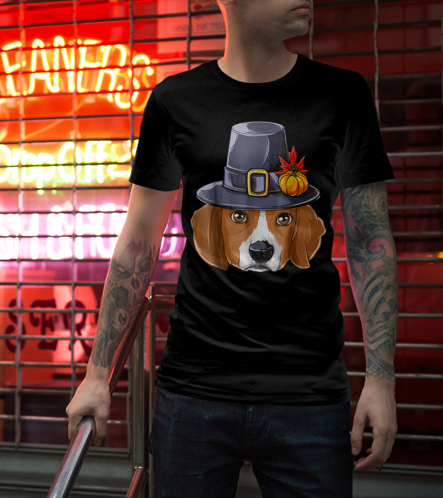 Thanksgiving Beagle Pilgrim Hat Pumpkin Leaf T-Shirt