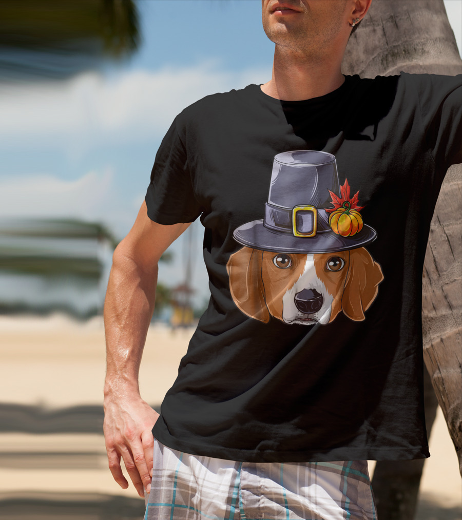 Thanksgiving Beagle Pilgrim Hat Pumpkin Leaf T-Shirt