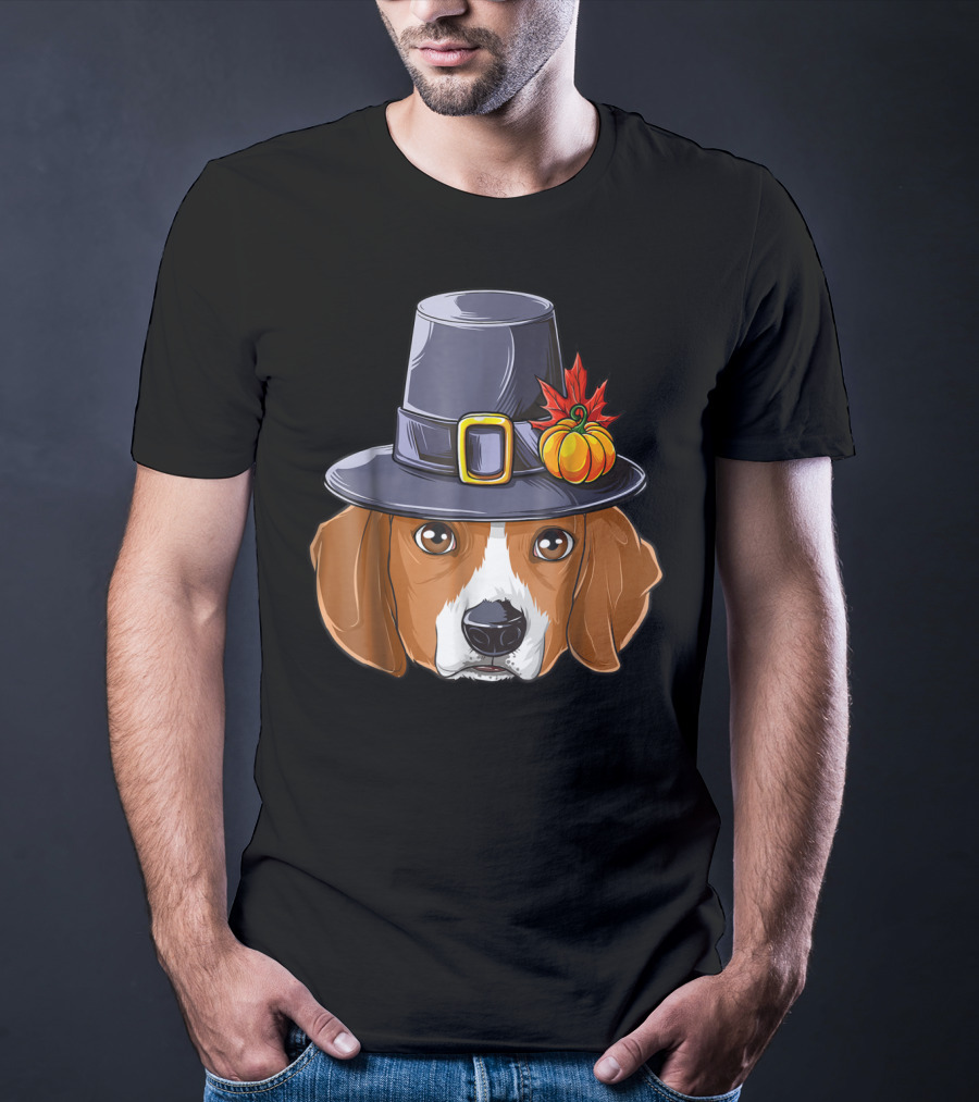 Thanksgiving Beagle Pilgrim Hat Pumpkin Leaf T-Shirt