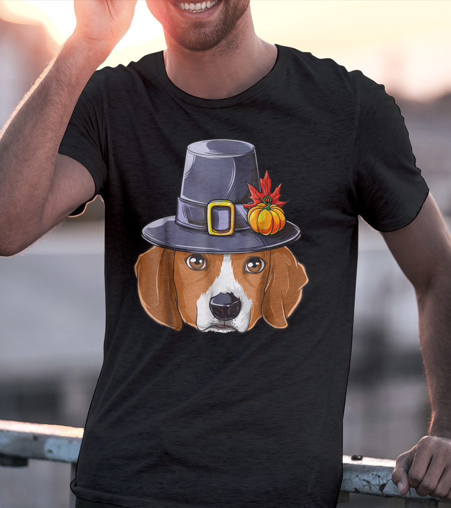 Thanksgiving Beagle Pilgrim Hat Pumpkin Leaf T-Shirt