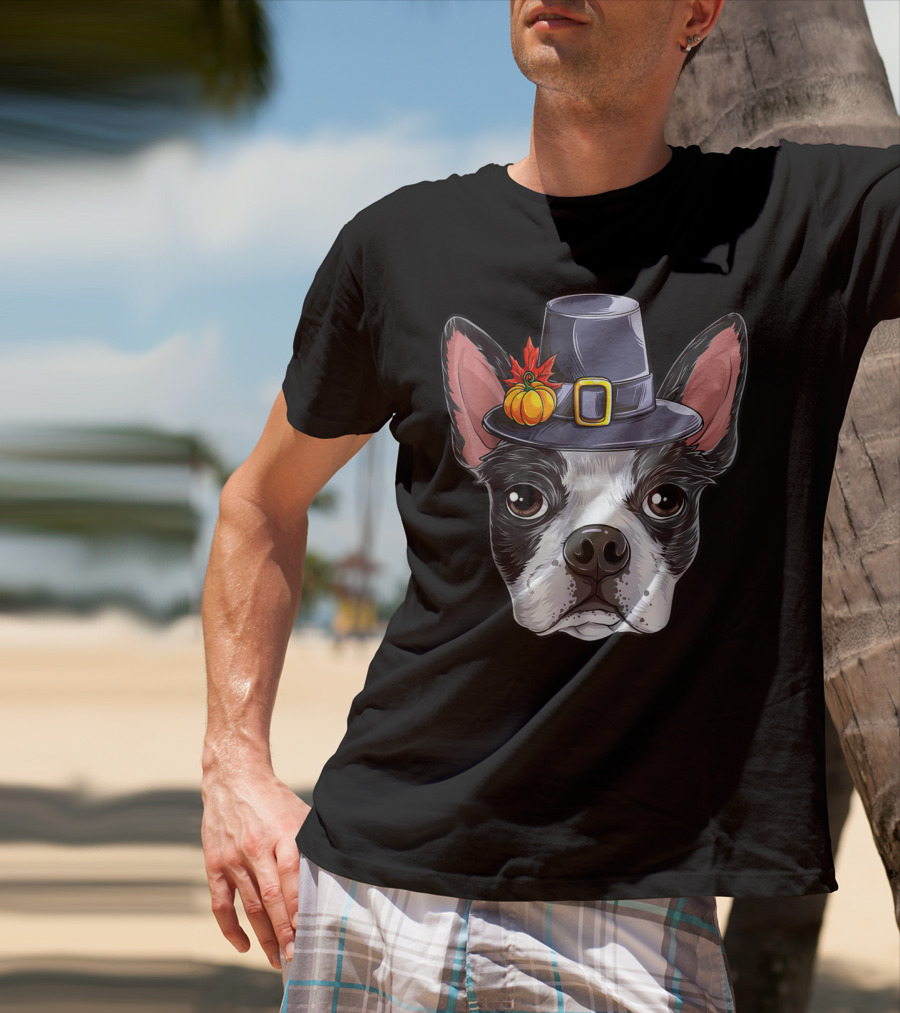 Thanksgiving Boston Terrier Pilgrim Hat Pumpkin T-Shirt