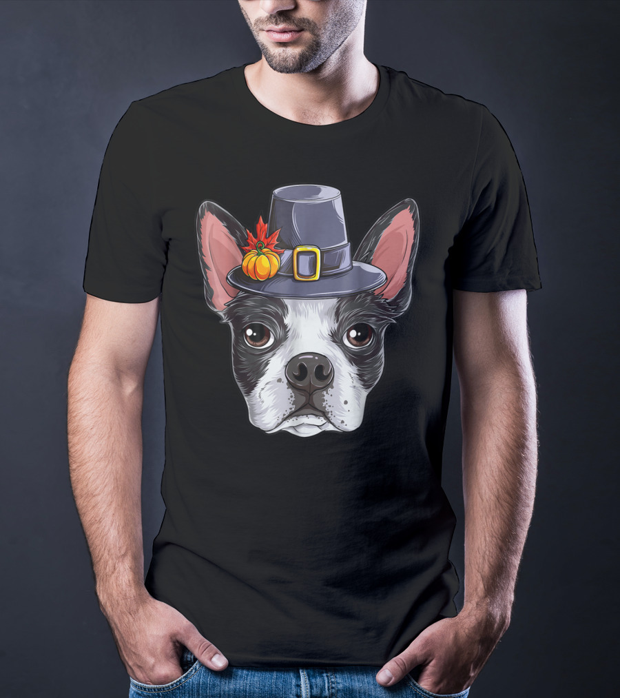 Thanksgiving Boston Terrier Pilgrim Hat Pumpkin T-Shirt