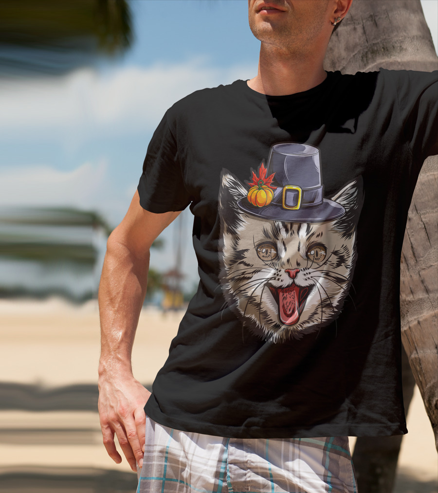 Thanksgiving Cat Pilgrim With Pumpkin Hat IY T-Shirt