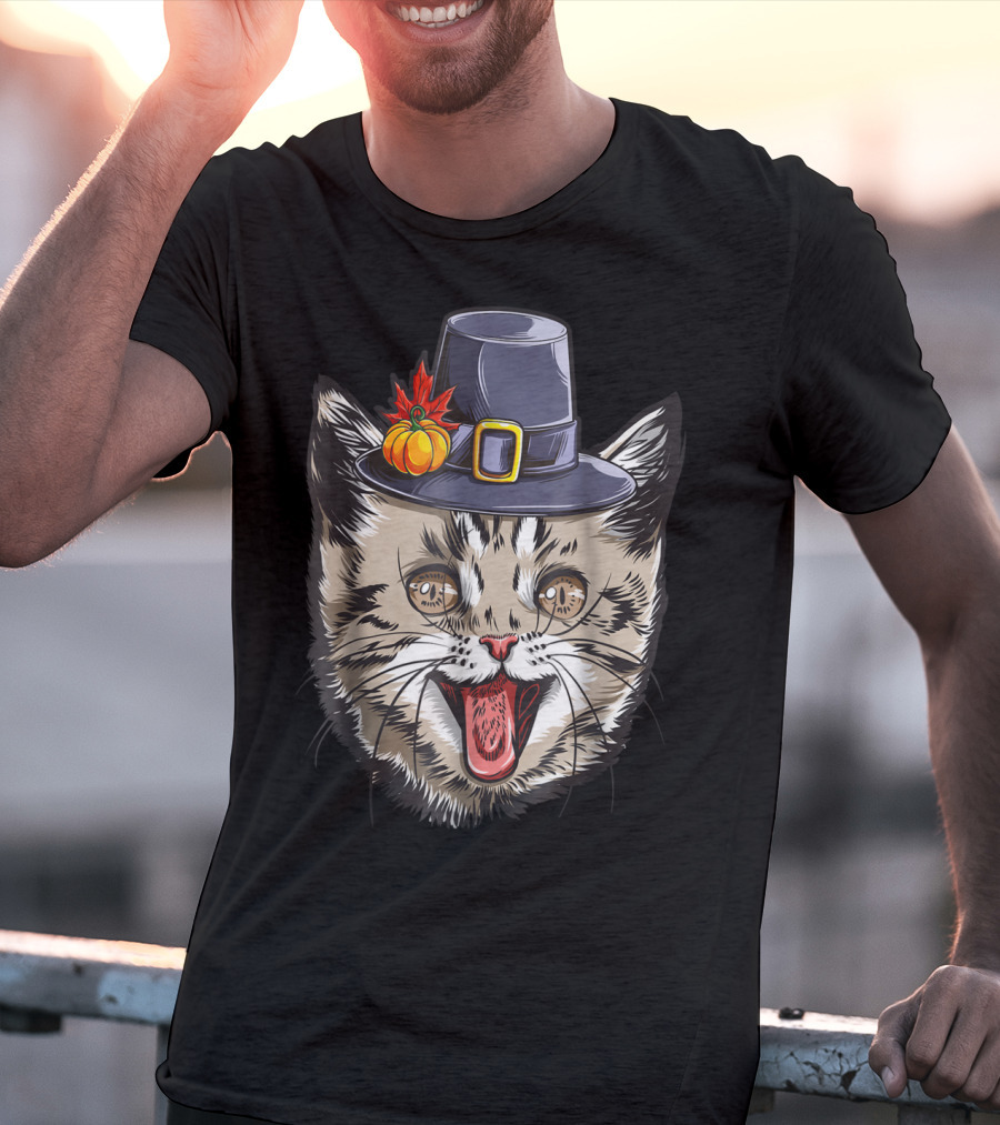Thanksgiving Cat Pilgrim With Pumpkin Hat IY T-Shirt