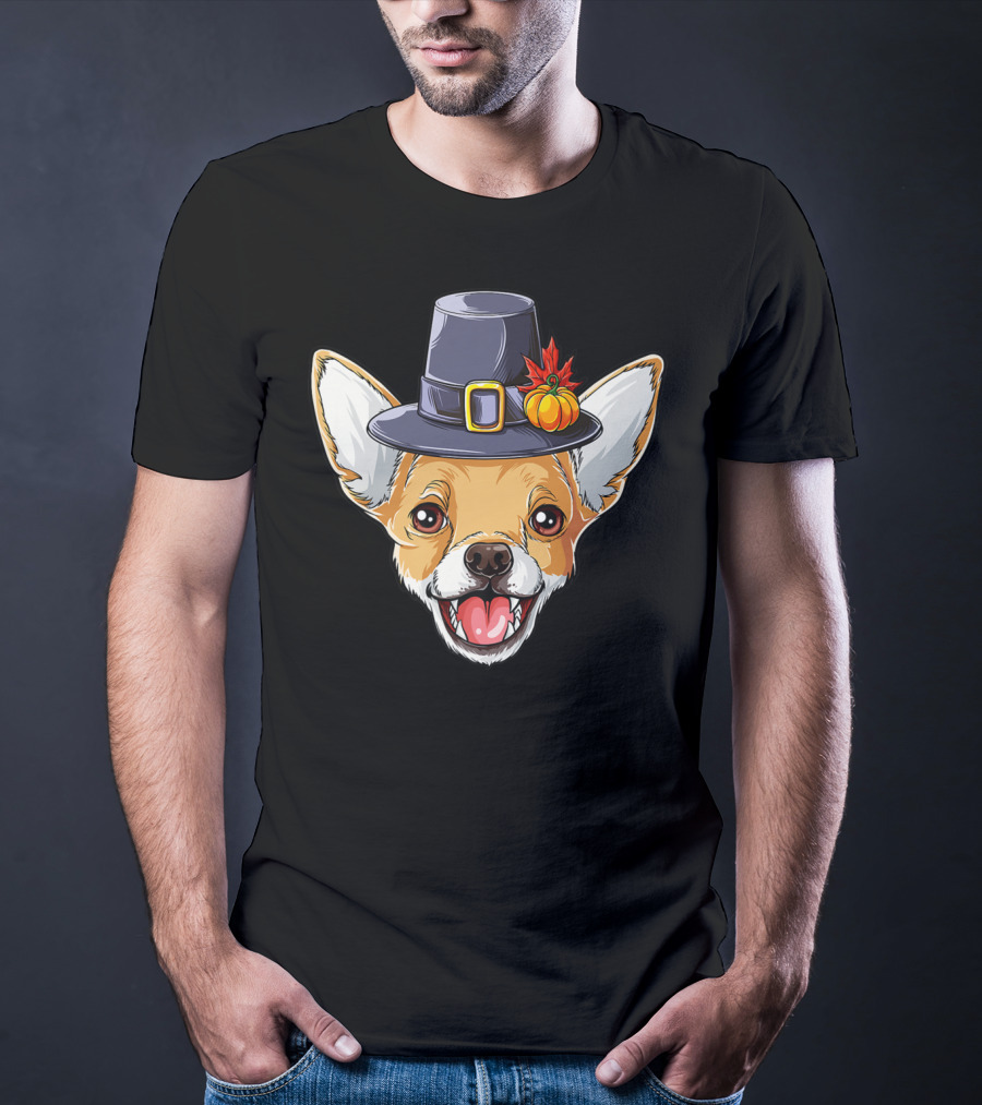 Pilgrim Hat Chihuahua With Thanksgiving Pumpkin And Leaf T-Shirt