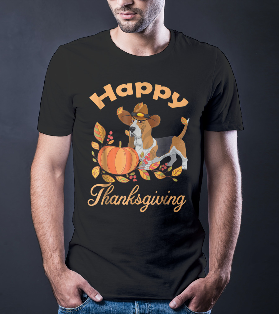 Happy Thanksgiving Basset Hound With Pumpkin And Pilgrim Hat T-Shirt