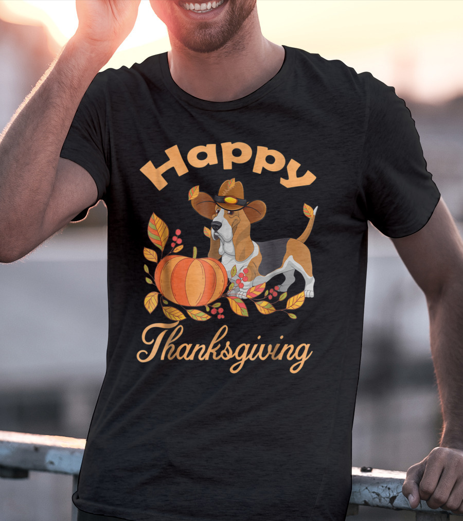 Happy Thanksgiving Basset Hound With Pumpkin And Pilgrim Hat T-Shirt