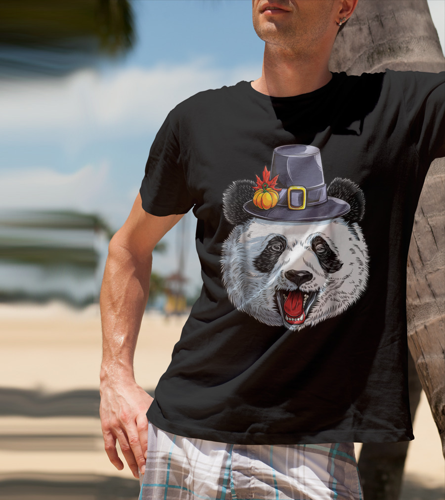 Thanksgiving Panda In Pilgrim Hat With Pumpkin And Leaves T-Shirt