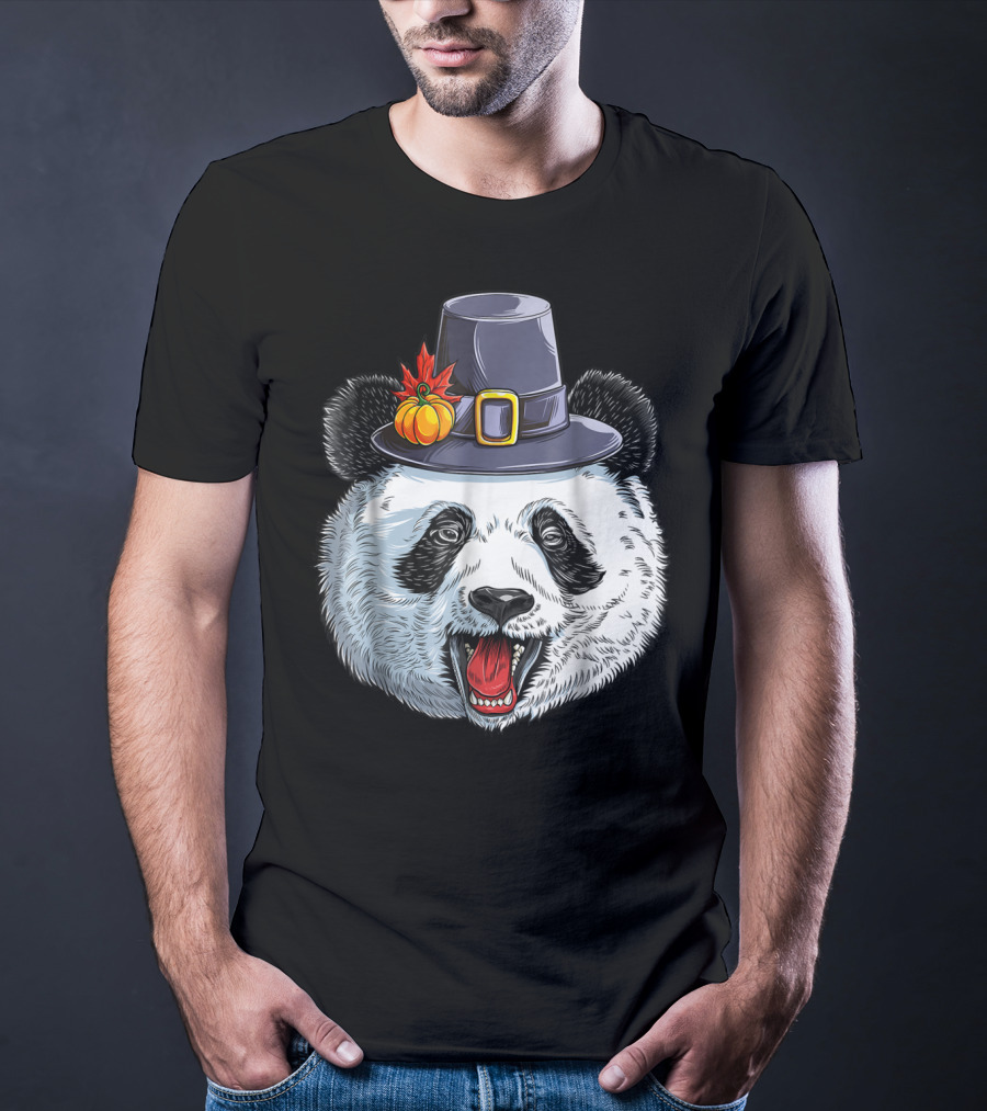 Thanksgiving Panda In Pilgrim Hat With Pumpkin And Leaves T-Shirt