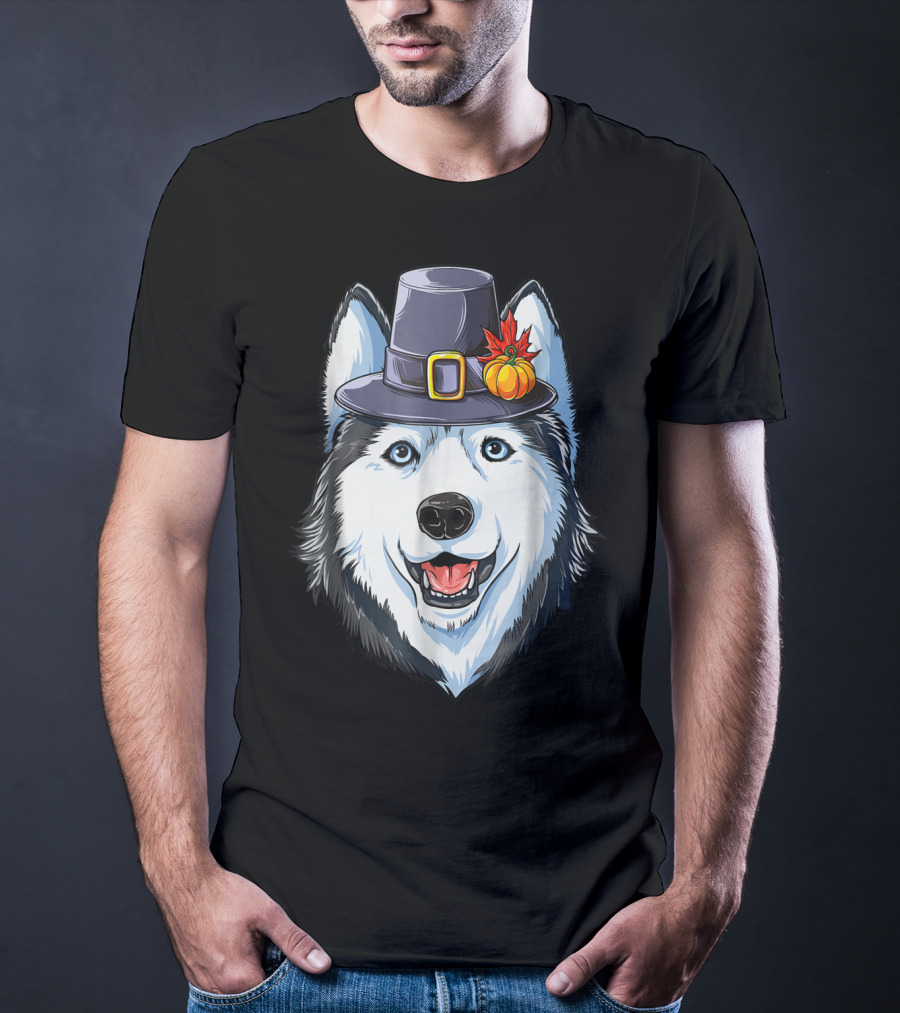 Thanksgiving Pilgrim Hat Siberian Husky With Pumpkin And Maple Leaf T-Shirt