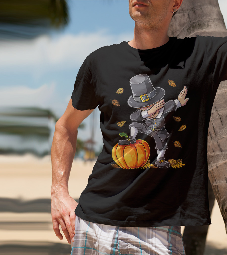 Thanksgiving Dabbing Pilgrim Boy Pumpkin Autumn Leaves T-Shirt