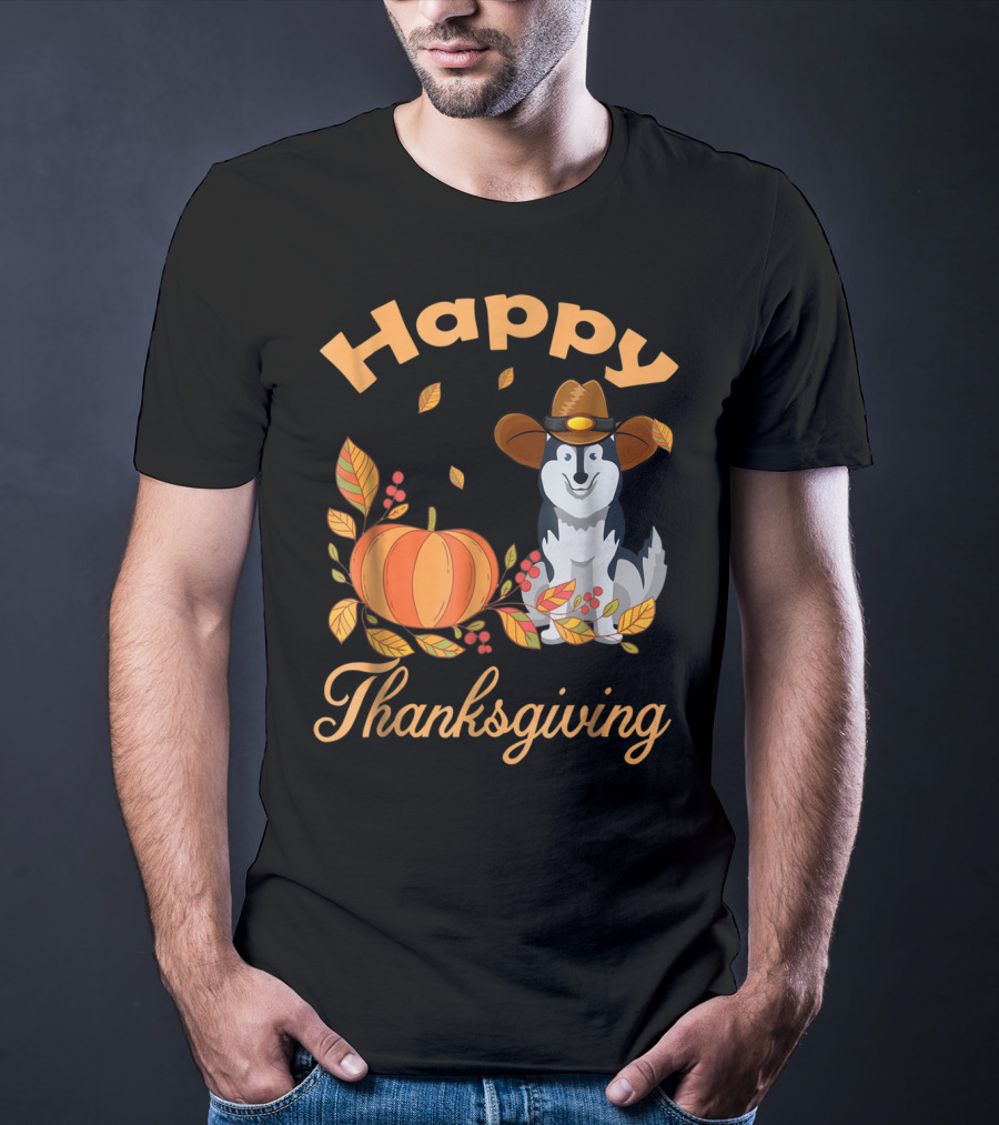 Happy Thanksgiving Siberian Husky With Pumpkin And Fall Leaves T-Shirt