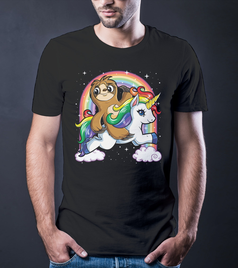 Sloth Riding Unicorn Rainbow Slothicorn Women Kids Fun T-Shirt